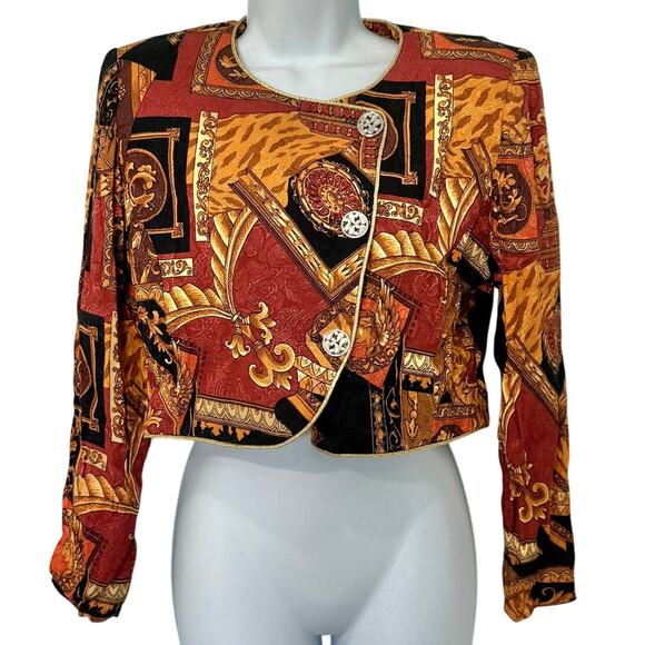 Vintage 80s Orange Rust Cropped Blazer Structured Jacket Shoulder Pads Size M - Picture 2 of 10